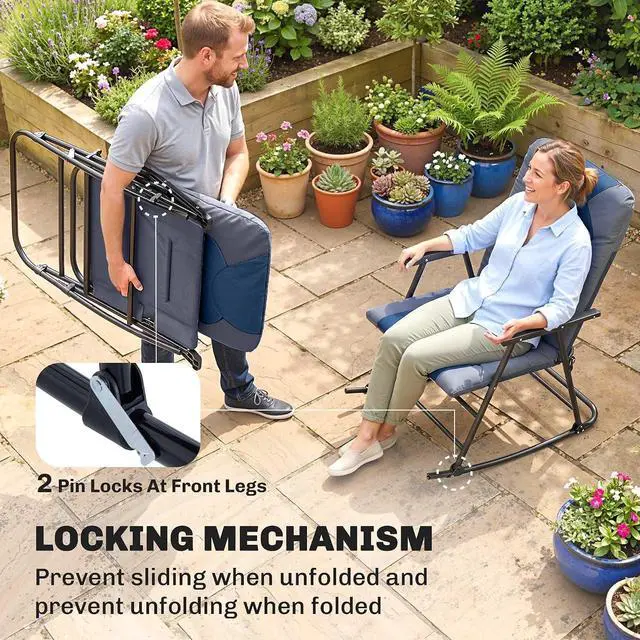 Alt view image 5 of 7 - Oversized Folding Rocking Camping Chair Set of 2 Padded Navy Blue | Outdoor Rockers, High Back and Armrests, Portable Outdoor Patio Chairs, Steel Frame, Garden Porch Lawn