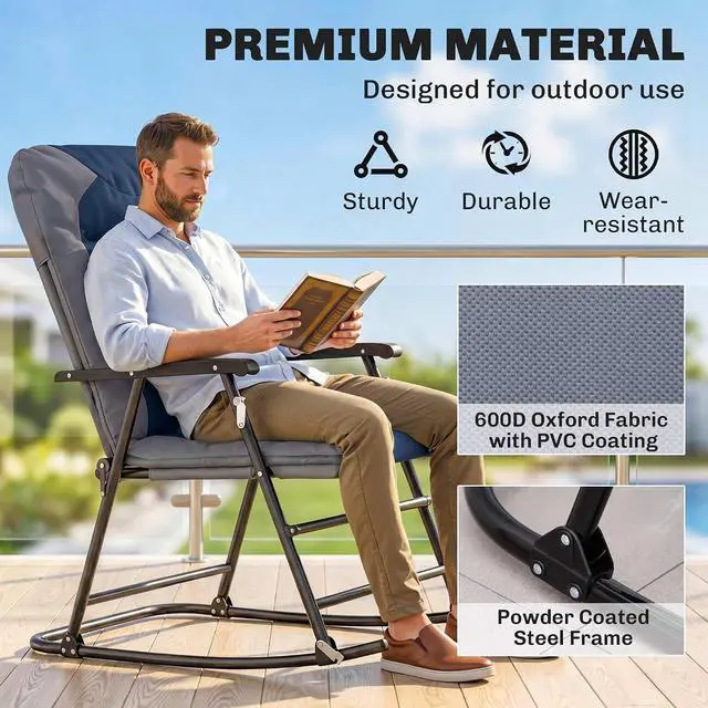 Alt view image 7 of 7 - Oversized Folding Rocking Camping Chair Set of 2 Padded Navy Blue | Outdoor Rockers, High Back and Armrests, Portable Outdoor Patio Chairs, Steel Frame, Garden Porch Lawn