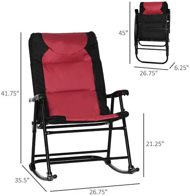 Alt view image 3 of 7 - Oversized Folding Rocking Camping Chair Set of 2 Padded Red | Outdoor Rockers, High Back and Armrests, Portable Outdoor Patio Chairs, Steel Frame, Garden Porch Lawn