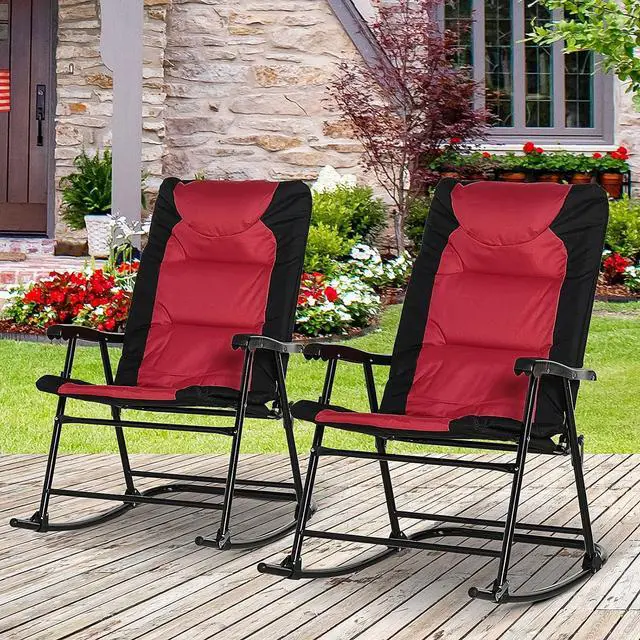 Alt view image 2 of 7 - Oversized Folding Rocking Camping Chair Set of 2 Padded Red | Outdoor Rockers, High Back and Armrests, Portable Outdoor Patio Chairs, Steel Frame, Garden Porch Lawn
