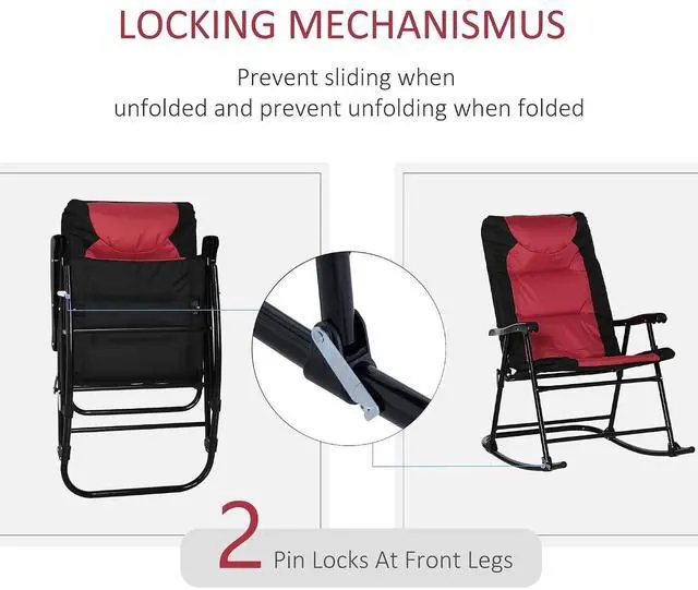 Alt view image 5 of 7 - Oversized Folding Rocking Camping Chair Set of 2 Padded Red | Outdoor Rockers, High Back and Armrests, Portable Outdoor Patio Chairs, Steel Frame, Garden Porch Lawn