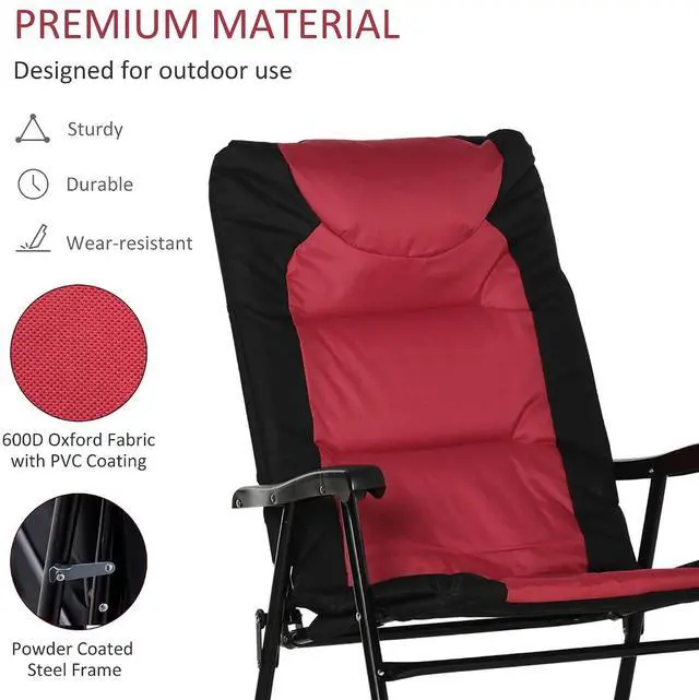 Alt view image 6 of 7 - Oversized Folding Rocking Camping Chair Set of 2 Padded Red | Outdoor Rockers, High Back and Armrests, Portable Outdoor Patio Chairs, Steel Frame, Garden Porch Lawn