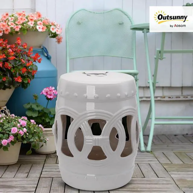 Alt view image 2 of 7 - 14" x 17" Ceramic Garden Stool Strong Glazed Material White | Double-Coin Knotted Ring Design, Decorative Outdoor Stool, Home Collection