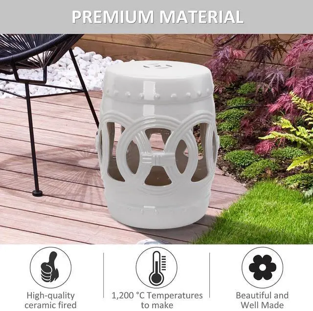 Alt view image 4 of 7 - 14" x 17" Ceramic Garden Stool Strong Glazed Material White | Double-Coin Knotted Ring Design, Decorative Outdoor Stool, Home Collection