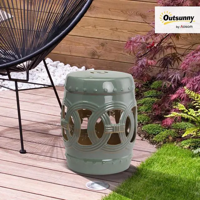 Alt view image 2 of 7 - 14" x 17" Ceramic Garden Stool Strong Glazed Material Green | Double-Coin Knotted Ring Design, Decorative Outdoor Stool, Home Collection