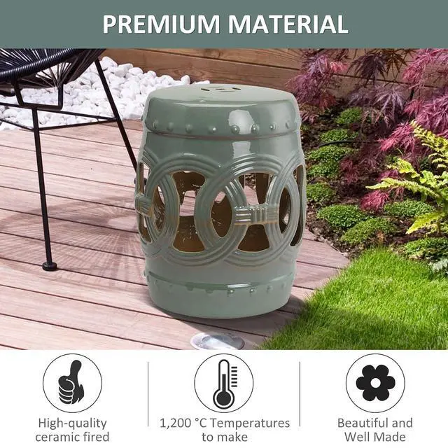 Alt view image 4 of 7 - 14" x 17" Ceramic Garden Stool Strong Glazed Material Green | Double-Coin Knotted Ring Design, Decorative Outdoor Stool, Home Collection
