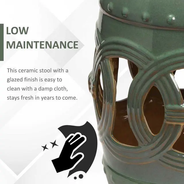 Alt view image 6 of 7 - 14" x 17" Ceramic Garden Stool Strong Glazed Material Green | Double-Coin Knotted Ring Design, Decorative Outdoor Stool, Home Collection