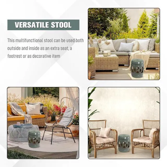 Alt view image 5 of 7 - 14" x 17" Ceramic Garden Stool Strong Glazed Material Green | Double-Coin Knotted Ring Design, Decorative Outdoor Stool, Home Collection
