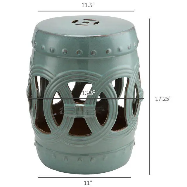 Alt view image 3 of 7 - 14" x 17" Ceramic Garden Stool Strong Glazed Material Antique Blue | Double-Coin Knotted Ring Design, Decorative Outdoor Stool, Home Collection