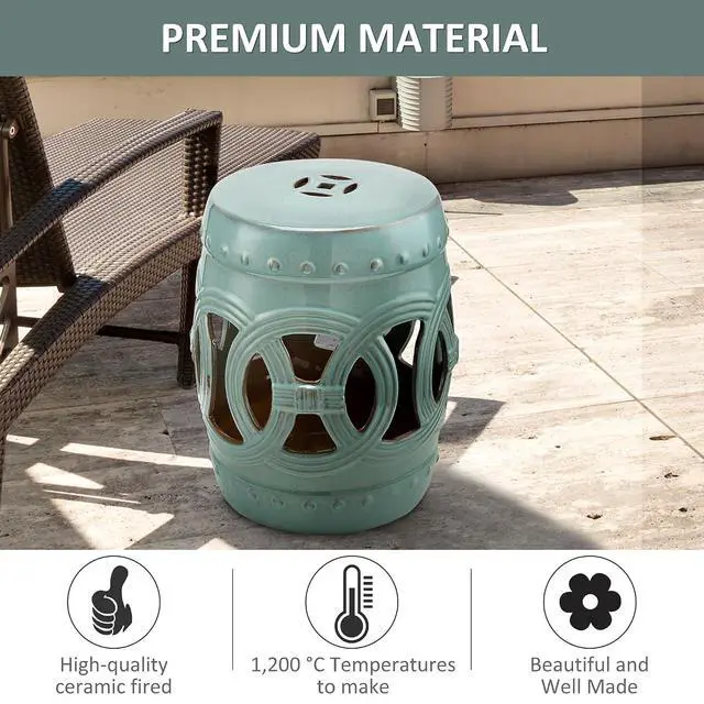 Alt view image 4 of 7 - 14" x 17" Ceramic Garden Stool Strong Glazed Material Antique Blue | Double-Coin Knotted Ring Design, Decorative Outdoor Stool, Home Collection