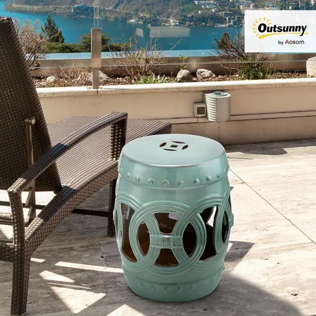 Alt view image 2 of 7 - 14" x 17" Ceramic Garden Stool Strong Glazed Material Antique Blue | Double-Coin Knotted Ring Design, Decorative Outdoor Stool, Home Collection