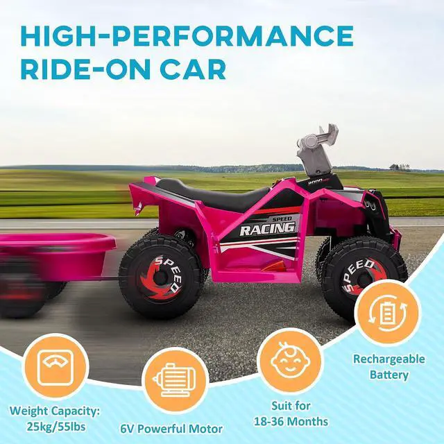 Alt view image 5 of 7 - Kids ATV Quad Car with Back Trailer for Ages 18-36 Months 6V Pink | Electric Ride On Car, Forward Backward Function, Wear-Resistant Wheels, Ride on Toy