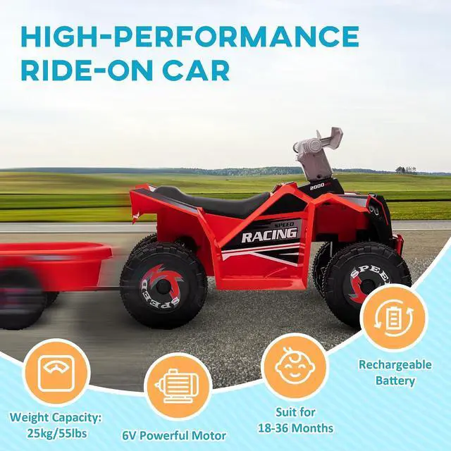 Alt view image 5 of 7 - Kids ATV Quad Car with Back Trailer for Ages 18-36 Months 6V Red | Electric Ride On Car, Forward Backward Function, Wear-Resistant Wheels, Ride on Toy