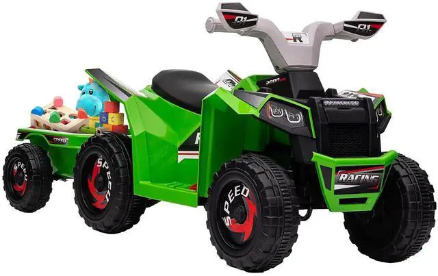 Main image of Kids ATV Quad Car with Back Trailer for Ages 18-36 Months 6V Green | Electric Ride On Car, Forward Backward Function, Wear-Resistant Wheels, Ride on Toy