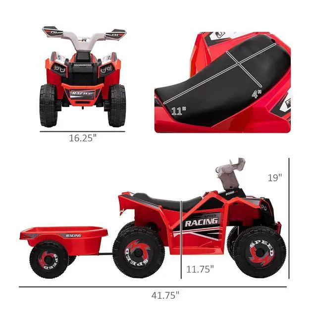 Alt view image 7 of 7 - Kids ATV Quad Car with Back Trailer for Ages 18-36 Months 6V Red | Electric Ride On Car, Forward Backward Function, Wear-Resistant Wheels, Ride on Toy