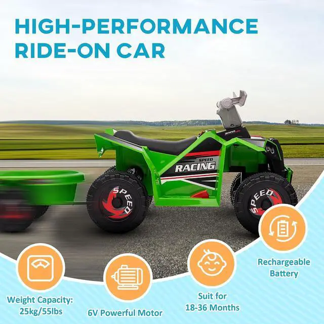 Alt view image 5 of 7 - Kids ATV Quad Car with Back Trailer for Ages 18-36 Months 6V Green | Electric Ride On Car, Forward Backward Function, Wear-Resistant Wheels, Ride on Toy