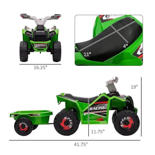 Alt view image 7 of 7 - Kids ATV Quad Car with Back Trailer for Ages 18-36 Months 6V Green | Electric Ride On Car, Forward Backward Function, Wear-Resistant Wheels, Ride on Toy