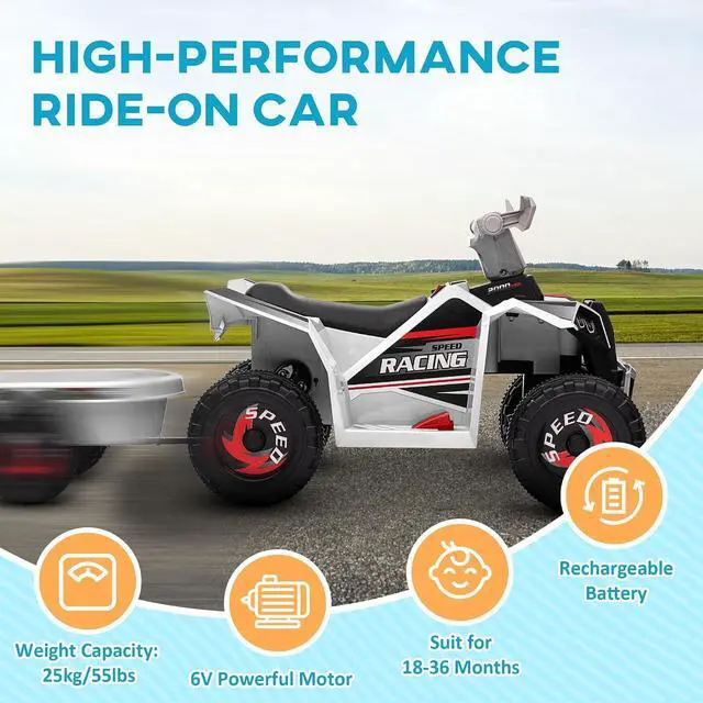 Alt view image 5 of 7 - Kids ATV Quad Car with Back Trailer for Ages 18-36 Months 6V White | Electric Ride On Car, Forward Backward Function, Wear-Resistant Wheels, Ride on Toy