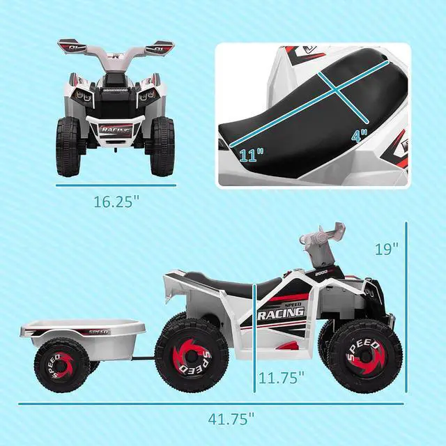 Alt view image 7 of 7 - Kids ATV Quad Car with Back Trailer for Ages 18-36 Months 6V White | Electric Ride On Car, Forward Backward Function, Wear-Resistant Wheels, Ride on Toy