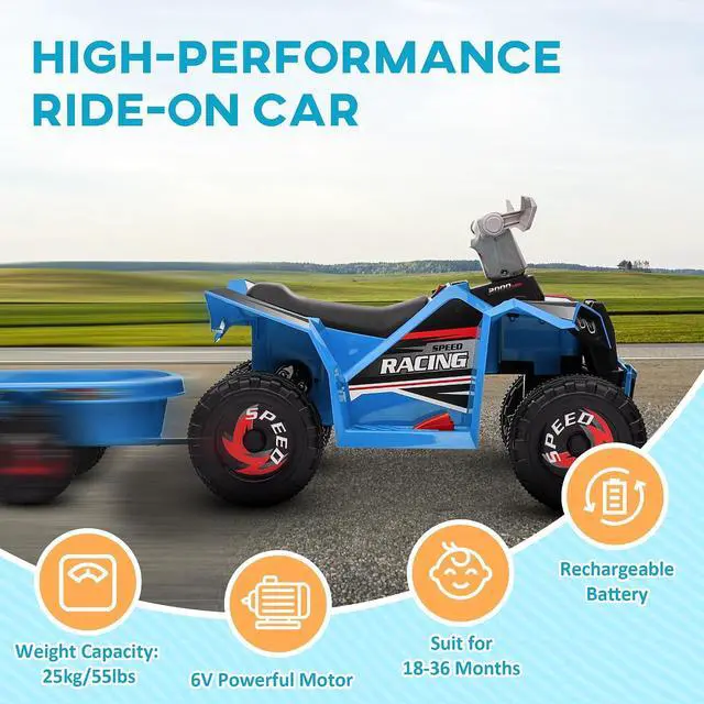 Alt view image 5 of 7 - Kids ATV Quad Car with Back Trailer for Ages 18-36 Months 6V Blue | Electric Ride On Car, Forward Backward Function, Wear-Resistant Wheels, Ride on Toy