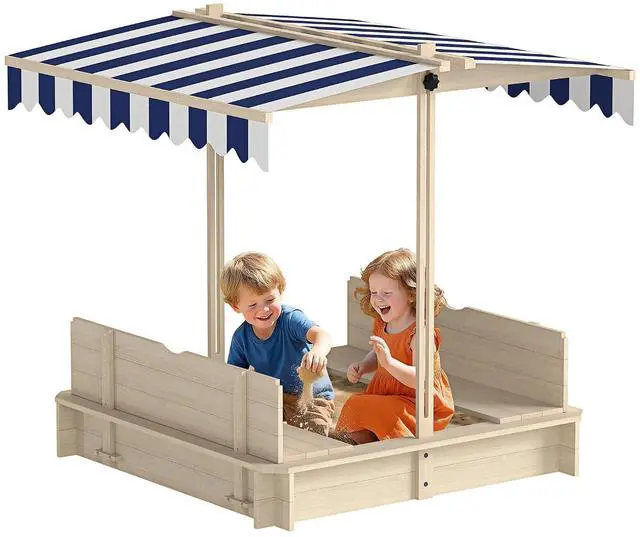 Main image of Wooden Sandbox with Lid Canopy for Aged 3-7 47X47 in Natural | Kids Sandbox Outdoor, Foldable Bench Seats, Sand Protection, Bottom Liner Included, Kids Gift