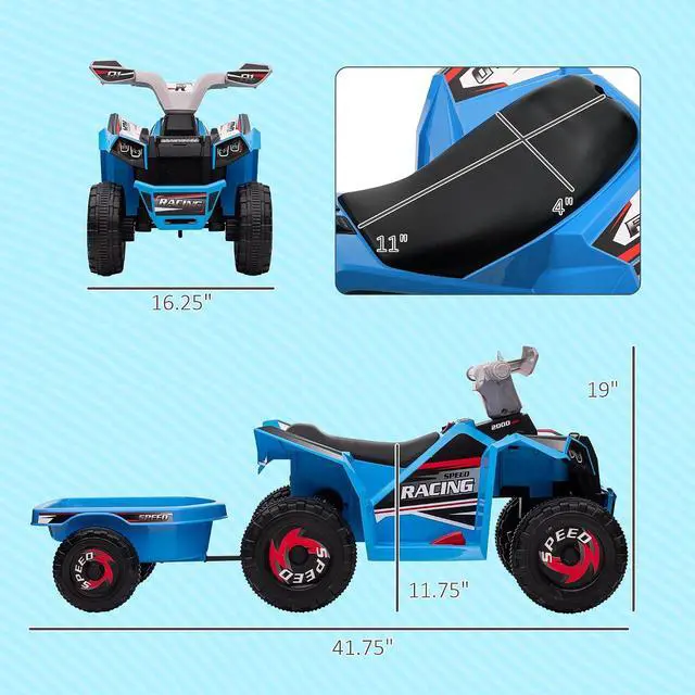 Alt view image 7 of 7 - Kids ATV Quad Car with Back Trailer for Ages 18-36 Months 6V Blue | Electric Ride On Car, Forward Backward Function, Wear-Resistant Wheels, Ride on Toy