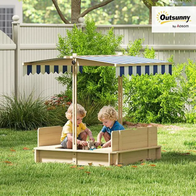 Alt view image 2 of 7 - Wooden Sandbox with Lid Canopy for Aged 3-7 47X47 in Natural | Kids Sandbox Outdoor, Foldable Bench Seats, Sand Protection, Bottom Liner Included, Kids Gift