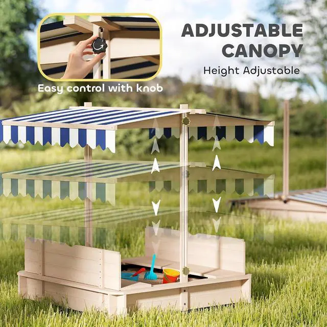 Alt view image 3 of 7 - Wooden Sandbox with Lid Canopy for Aged 3-7 47X47 in Natural | Kids Sandbox Outdoor, Foldable Bench Seats, Sand Protection, Bottom Liner Included, Kids Gift
