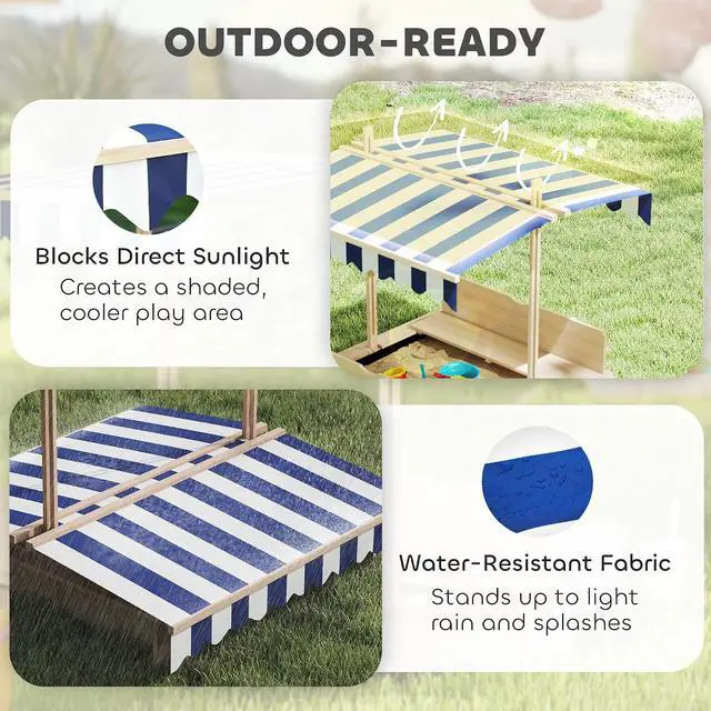 Alt view image 4 of 7 - Wooden Sandbox with Lid Canopy for Aged 3-7 47X47 in Natural | Kids Sandbox Outdoor, Foldable Bench Seats, Sand Protection, Bottom Liner Included, Kids Gift