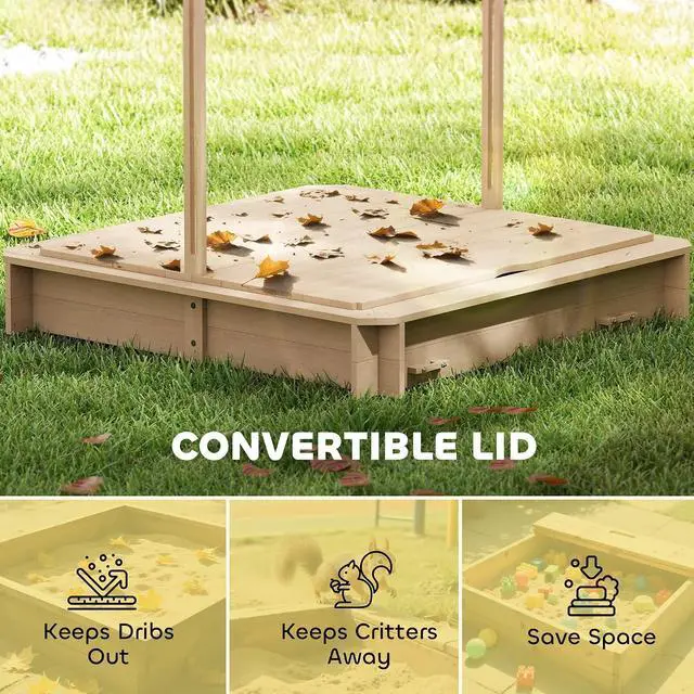 Alt view image 5 of 7 - Wooden Sandbox with Lid Canopy for Aged 3-7 47X47 in Natural | Kids Sandbox Outdoor, Foldable Bench Seats, Sand Protection, Bottom Liner Included, Kids Gift