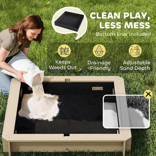 Alt view image 6 of 7 - Wooden Sandbox with Lid Canopy for Aged 3-7 47X47 in Natural | Kids Sandbox Outdoor, Foldable Bench Seats, Sand Protection, Bottom Liner Included, Kids Gift