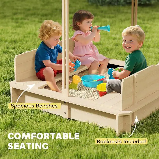 Alt view image 7 of 7 - Wooden Sandbox with Lid Canopy for Aged 3-7 47X47 in Natural | Kids Sandbox Outdoor, Foldable Bench Seats, Sand Protection, Bottom Liner Included, Kids Gift