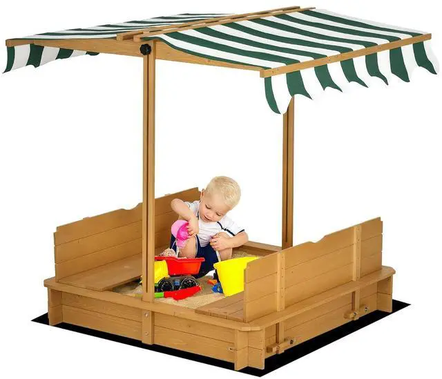 Main image of Wooden Sandbox with Lid Canopy for Aged 3-7 47X47 in Brown | Kids Sandbox Outdoor, Foldable Bench Seats, Sand Protection, Bottom Liner Included, Kids Gift