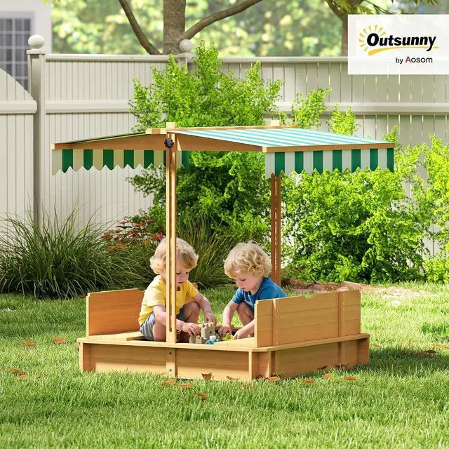 Alt view image 2 of 7 - Wooden Sandbox with Lid Canopy for Aged 3-7 47X47 in Brown | Kids Sandbox Outdoor, Foldable Bench Seats, Sand Protection, Bottom Liner Included, Kids Gift