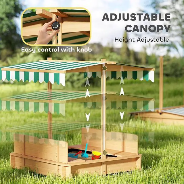 Alt view image 3 of 7 - Wooden Sandbox with Lid Canopy for Aged 3-7 47X47 in Brown | Kids Sandbox Outdoor, Foldable Bench Seats, Sand Protection, Bottom Liner Included, Kids Gift
