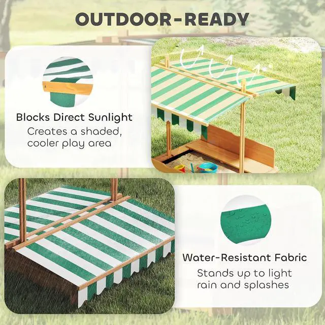 Alt view image 4 of 7 - Wooden Sandbox with Lid Canopy for Aged 3-7 47X47 in Brown | Kids Sandbox Outdoor, Foldable Bench Seats, Sand Protection, Bottom Liner Included, Kids Gift