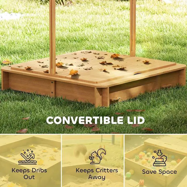 Alt view image 5 of 7 - Wooden Sandbox with Lid Canopy for Aged 3-7 47X47 in Brown | Kids Sandbox Outdoor, Foldable Bench Seats, Sand Protection, Bottom Liner Included, Kids Gift