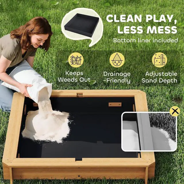 Alt view image 6 of 7 - Wooden Sandbox with Lid Canopy for Aged 3-7 47X47 in Brown | Kids Sandbox Outdoor, Foldable Bench Seats, Sand Protection, Bottom Liner Included, Kids Gift