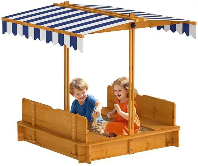 Main image of Wooden Sandbox with Lid Canopy for Aged 3-7 47X47 in Red | Kids Sandbox Outdoor, Foldable Bench Seats, Sand Protection, Bottom Liner Included, Kids Gift