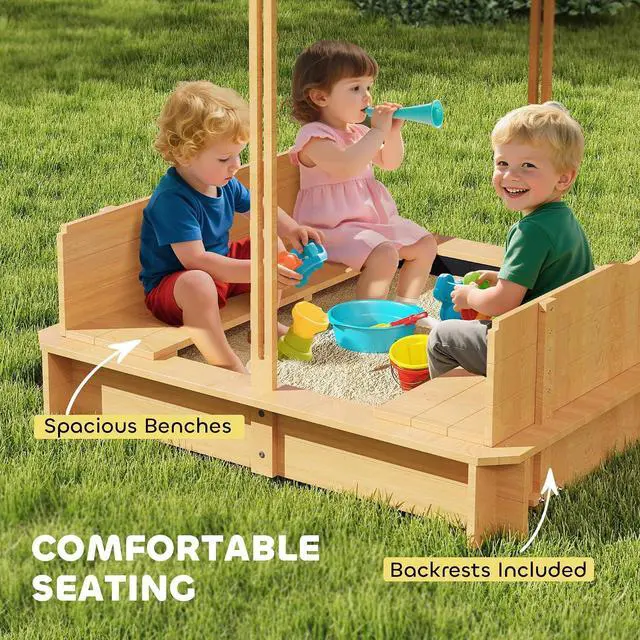 Alt view image 7 of 7 - Wooden Sandbox with Lid Canopy for Aged 3-7 47X47 in Brown | Kids Sandbox Outdoor, Foldable Bench Seats, Sand Protection, Bottom Liner Included, Kids Gift