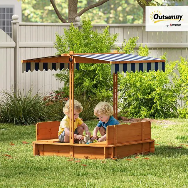 Alt view image 2 of 7 - Wooden Sandbox with Lid Canopy for Aged 3-7 47X47 in Red | Kids Sandbox Outdoor, Foldable Bench Seats, Sand Protection, Bottom Liner Included, Kids Gift