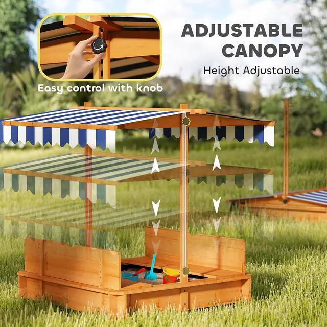 Alt view image 3 of 7 - Wooden Sandbox with Lid Canopy for Aged 3-7 47X47 in Red | Kids Sandbox Outdoor, Foldable Bench Seats, Sand Protection, Bottom Liner Included, Kids Gift