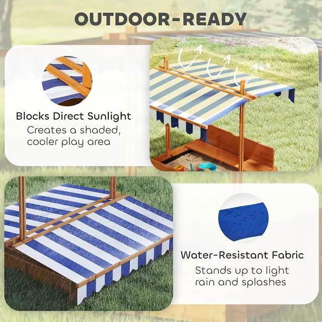 Alt view image 4 of 7 - Wooden Sandbox with Lid Canopy for Aged 3-7 47X47 in Red | Kids Sandbox Outdoor, Foldable Bench Seats, Sand Protection, Bottom Liner Included, Kids Gift