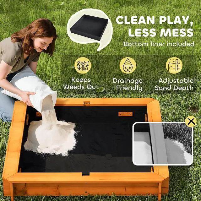 Alt view image 6 of 7 - Wooden Sandbox with Lid Canopy for Aged 3-7 47X47 in Red | Kids Sandbox Outdoor, Foldable Bench Seats, Sand Protection, Bottom Liner Included, Kids Gift