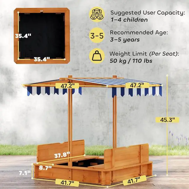 Alt view image 7 of 7 - Wooden Sandbox with Lid Canopy for Aged 3-7 47X47 in Red | Kids Sandbox Outdoor, Foldable Bench Seats, Sand Protection, Bottom Liner Included, Kids Gift