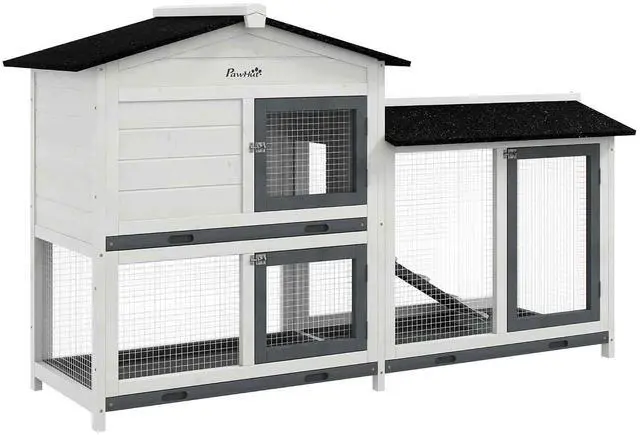 Main image of PawHut 62" Rabbit Hutch with Run Area for Rabbits, Chickens, White | Wooden Bunny Hutch, Guinea Pig Cage, Small Animal Enclosure, Removable Tray, Asphalt Roof, Lockable Doors, Ramp for Ducks
