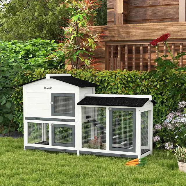 Alt view image 2 of 7 - PawHut 62" Rabbit Hutch with Run Area for Rabbits, Chickens, White | Wooden Bunny Hutch, Guinea Pig Cage, Small Animal Enclosure, Removable Tray, Asphalt Roof, Lockable Doors, Ramp for Ducks