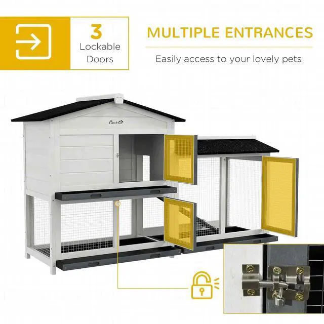 Alt view image 3 of 7 - PawHut 62" Rabbit Hutch with Run Area for Rabbits, Chickens, White | Wooden Bunny Hutch, Guinea Pig Cage, Small Animal Enclosure, Removable Tray, Asphalt Roof, Lockable Doors, Ramp for Ducks