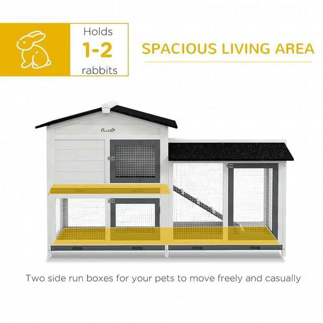Alt view image 4 of 7 - PawHut 62" Rabbit Hutch with Run Area for Rabbits, Chickens, White | Wooden Bunny Hutch, Guinea Pig Cage, Small Animal Enclosure, Removable Tray, Asphalt Roof, Lockable Doors, Ramp for Ducks