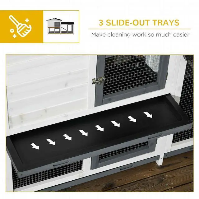 Alt view image 5 of 7 - PawHut 62" Rabbit Hutch with Run Area for Rabbits, Chickens, White | Wooden Bunny Hutch, Guinea Pig Cage, Small Animal Enclosure, Removable Tray, Asphalt Roof, Lockable Doors, Ramp for Ducks